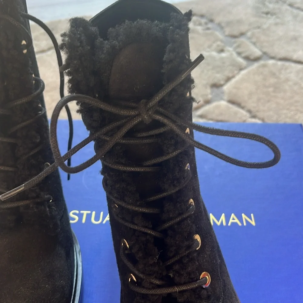 Stuart Weitzman Henley Chill Suede Shearling Combat Boots new in box no lid 6.5